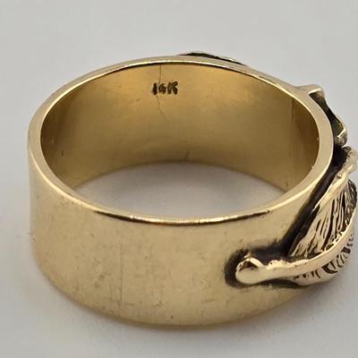 Lot 45: 14k Gold Ring with Cross & Leaf Design - 6g / Size 5.5