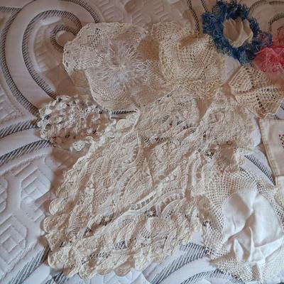 HAND CROCHETED DOILIES AND HAND EMBROIDERED CLOTH