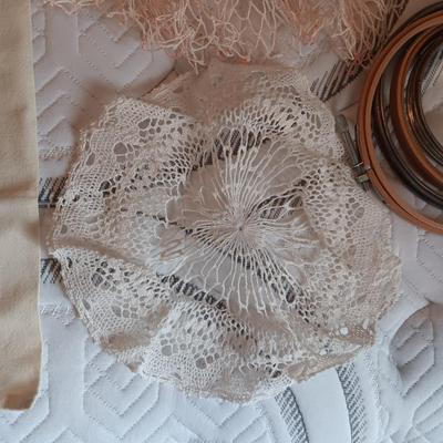 HAND CROCHETED DOILIES AND HAND EMBROIDERED CLOTH