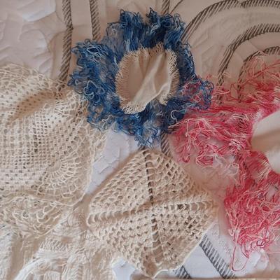 HAND CROCHETED DOILIES AND HAND EMBROIDERED CLOTH