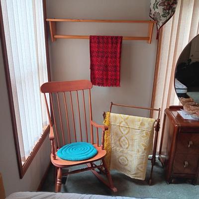 WALL HUNG AND FREE STANDING AFGHAN RACKS PLUS A ROCKING CHAIR