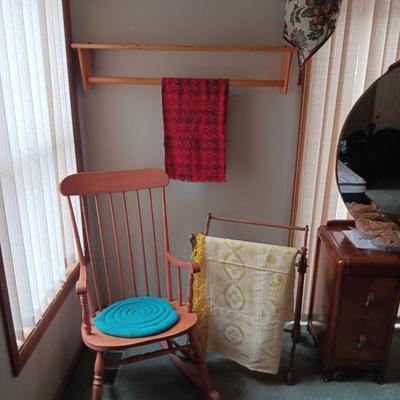 WALL HUNG AND FREE STANDING AFGHAN RACKS PLUS A ROCKING CHAIR