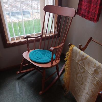 WALL HUNG AND FREE STANDING AFGHAN RACKS PLUS A ROCKING CHAIR