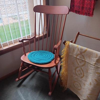 WALL HUNG AND FREE STANDING AFGHAN RACKS PLUS A ROCKING CHAIR
