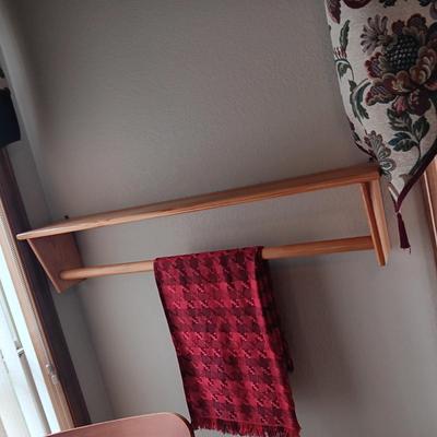 WALL HUNG AND FREE STANDING AFGHAN RACKS PLUS A ROCKING CHAIR