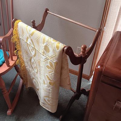 WALL HUNG AND FREE STANDING AFGHAN RACKS PLUS A ROCKING CHAIR