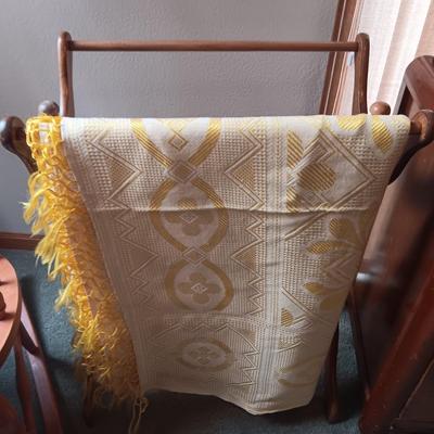 WALL HUNG AND FREE STANDING AFGHAN RACKS PLUS A ROCKING CHAIR