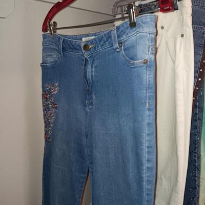 LADIES DENIM, DRESS AND CASUAL PANTS (6 - 8) PLUS NIGHT GOWNS (MED)