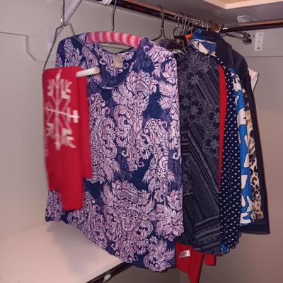 A LARGE COLLECTION OF LADIES CASUAL SHIRTS, SWEATERS, LIGHT JACKETS FROM TALBOTS, COLDCREEK, CHICO'S AND MORE (MED)
