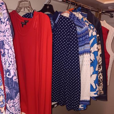 A LARGE COLLECTION OF LADIES CASUAL SHIRTS, SWEATERS, LIGHT JACKETS FROM TALBOTS, COLDCREEK, CHICO'S AND MORE (MED)