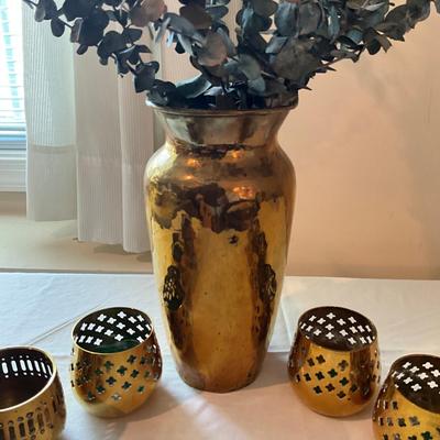 940 Lot of Brass Candle Holders With Brass Vase