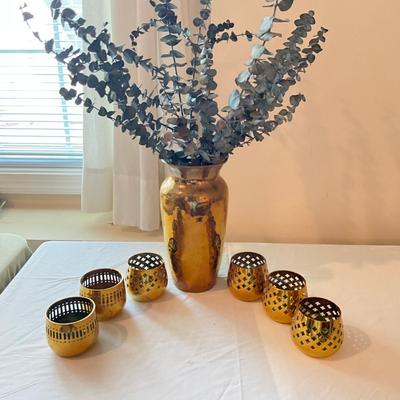 940 Lot of Brass Candle Holders With Brass Vase