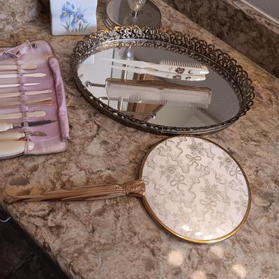CELLULOID NAIL CARE KIT, DRESSER MIRROR, VINTAGE HAND MIRROR/COMB AND BRUSH PLUS MORE