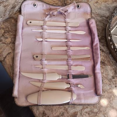 CELLULOID NAIL CARE KIT, DRESSER MIRROR, VINTAGE HAND MIRROR/COMB AND BRUSH PLUS MORE