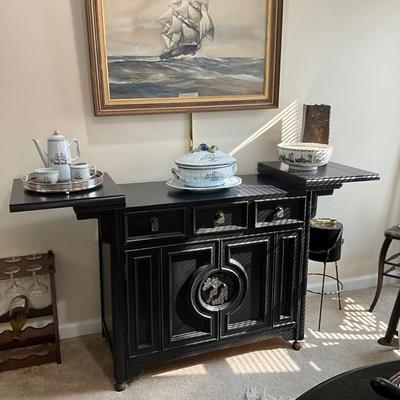 958 Century Black Asian Style Side Board with Fold-Out Top