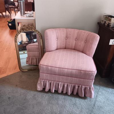 ANTIQUE WALL MIRROR AND AN UPHOLSTERED SWIVEL CHAIR
