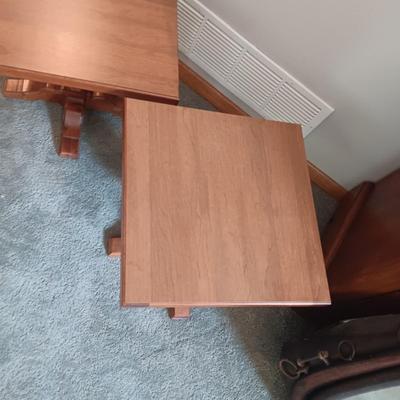 2 SHORT SOLID WOOD TABLES WITH FORMICA TOPS