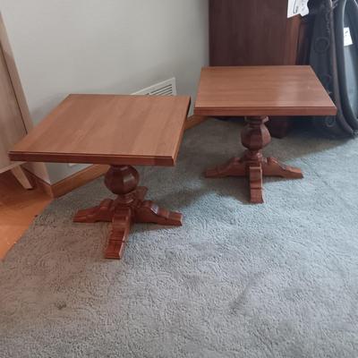 2 SHORT SOLID WOOD TABLES WITH FORMICA TOPS