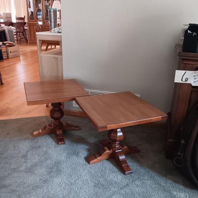 2 SHORT SOLID WOOD TABLES WITH FORMICA TOPS
