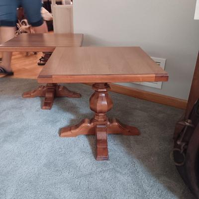2 SHORT SOLID WOOD TABLES WITH FORMICA TOPS