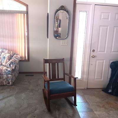 BEAUTIFUL ANTIQUE WALL MIRROR AND AN ANTIQUE ROCKING CHAIR