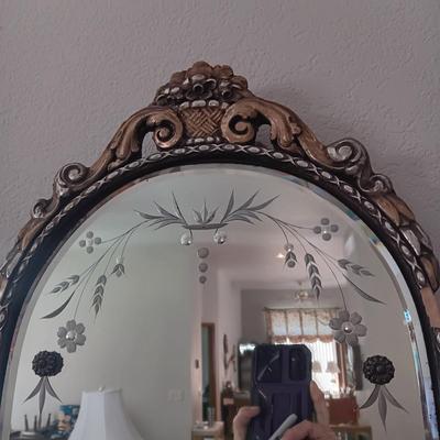 BEAUTIFUL ANTIQUE WALL MIRROR AND AN ANTIQUE ROCKING CHAIR