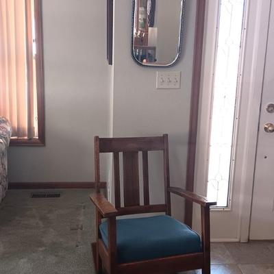 BEAUTIFUL ANTIQUE WALL MIRROR AND AN ANTIQUE ROCKING CHAIR
