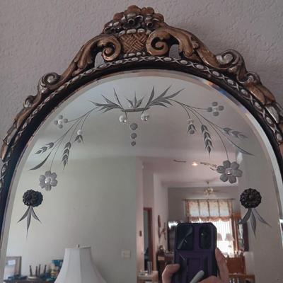 BEAUTIFUL ANTIQUE WALL MIRROR AND AN ANTIQUE ROCKING CHAIR