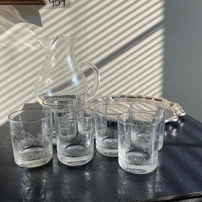 965 Seven Etched Richard Bishop Flying Geese Glassware With Silver Base Pitcher & Plated Chippendale Tray