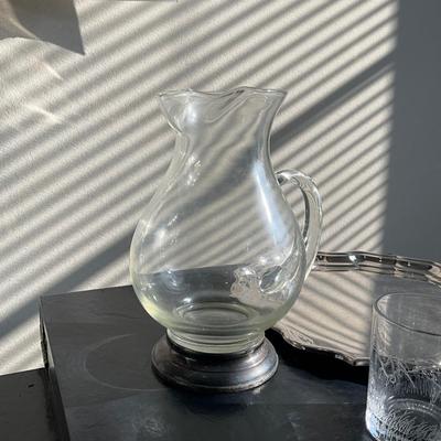 965 Seven Etched Richard Bishop Flying Geese Glassware With Silver Base Pitcher & Plated Chippendale Tray