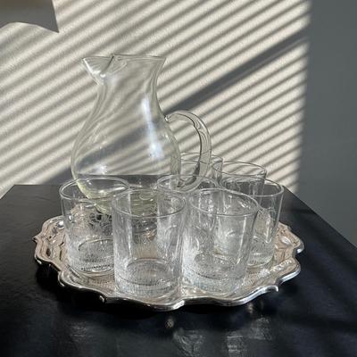 965 Seven Etched Richard Bishop Flying Geese Glassware With Silver Base Pitcher & Plated Chippendale Tray