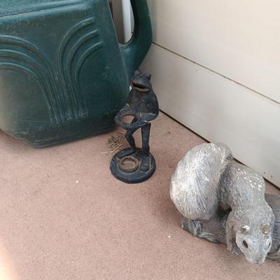 FLOWER POTS, CAST IRON FROG, CONCRETE SQUIRREL & WATERING CAN