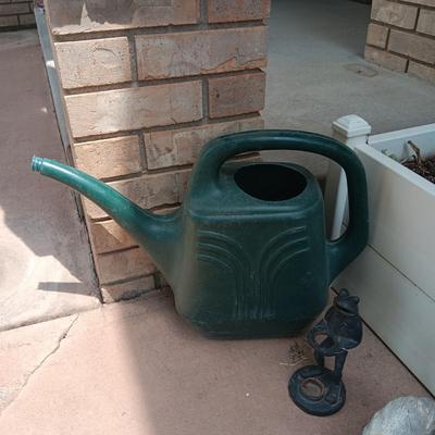 FLOWER POTS, CAST IRON FROG, CONCRETE SQUIRREL & WATERING CAN