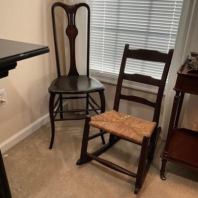 969 Antique Art Deco Inlay Side Chair & Vintage Ladderback Rush Seat Rocking Chair
