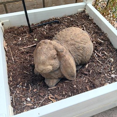 SQUARE PLANTER, SHEPHERDS HOOK AND CONCRETE RABBIT