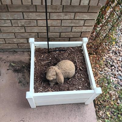 SQUARE PLANTER, SHEPHERDS HOOK AND CONCRETE RABBIT