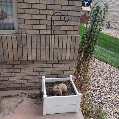 SQUARE PLANTER, SHEPHERDS HOOK AND CONCRETE RABBIT