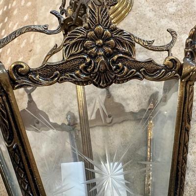 Vintage Brass Hanging Lantern Pendant with Etched Glass Panel