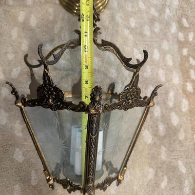 Vintage Brass Hanging Lantern Pendant with Etched Glass Panel