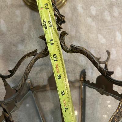 Vintage Brass Hanging Lantern Pendant with Etched Glass Panel
