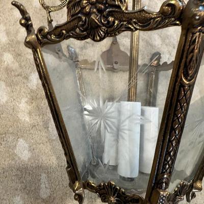 Vintage Brass Hanging Lantern Pendant with Etched Glass Panel