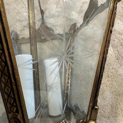 Vintage Brass Hanging Lantern Pendant with Etched Glass Panel