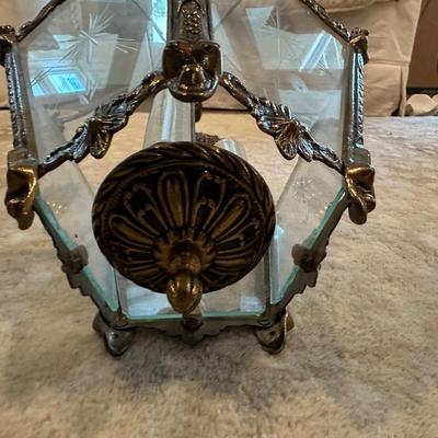 Vintage Brass Hanging Lantern Pendant with Etched Glass Panel