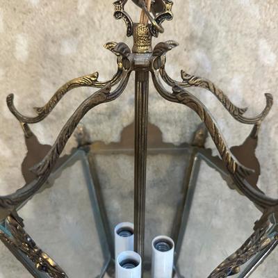 Vintage Brass Hanging Lantern Pendant with Etched Glass Panel