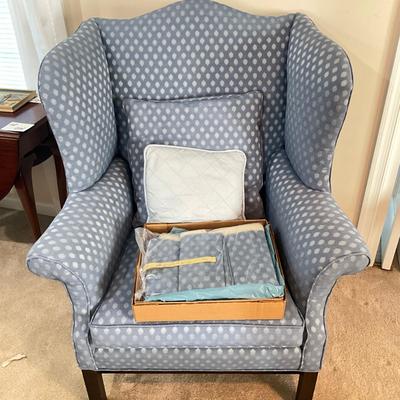 976 Antique Mahogany Blue Upholstered Wing Back Chair