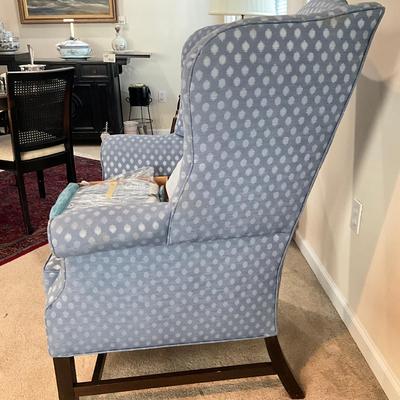 976 Antique Mahogany Blue Upholstered Wing Back Chair