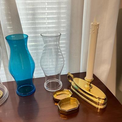 983 Pair of Brass Candlesticks with Glass Hurricane Shades With Two Smaller Hurricane Shades & Battery Operated Candle Lamp