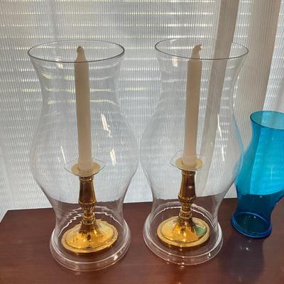 983 Pair of Brass Candlesticks with Glass Hurricane Shades With Two Smaller Hurricane Shades & Battery Operated Candle Lamp
