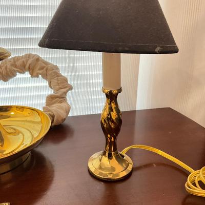 984 Two Small Brass Candlestick Lamps With Brass Wall Plaques