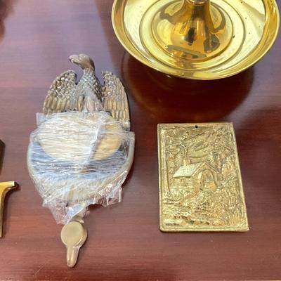 984 Two Small Brass Candlestick Lamps With Brass Wall Plaques